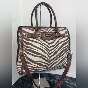 MICHAEL KORS Large Handbag Hamilton Zebra Print Brown Ivory AUTHENTIC